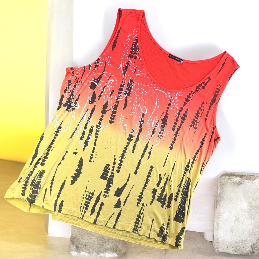Oleg Cassini Sport Tank Women 3X Orange Ombre Rhinestone Tie Dye Boho Sleeveless